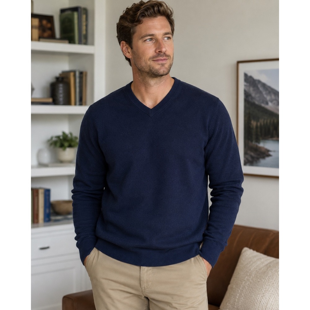 Club Room Men's XL 100% Lambswool V Neck Sweater Navy Blue Long Sleeve Pullover